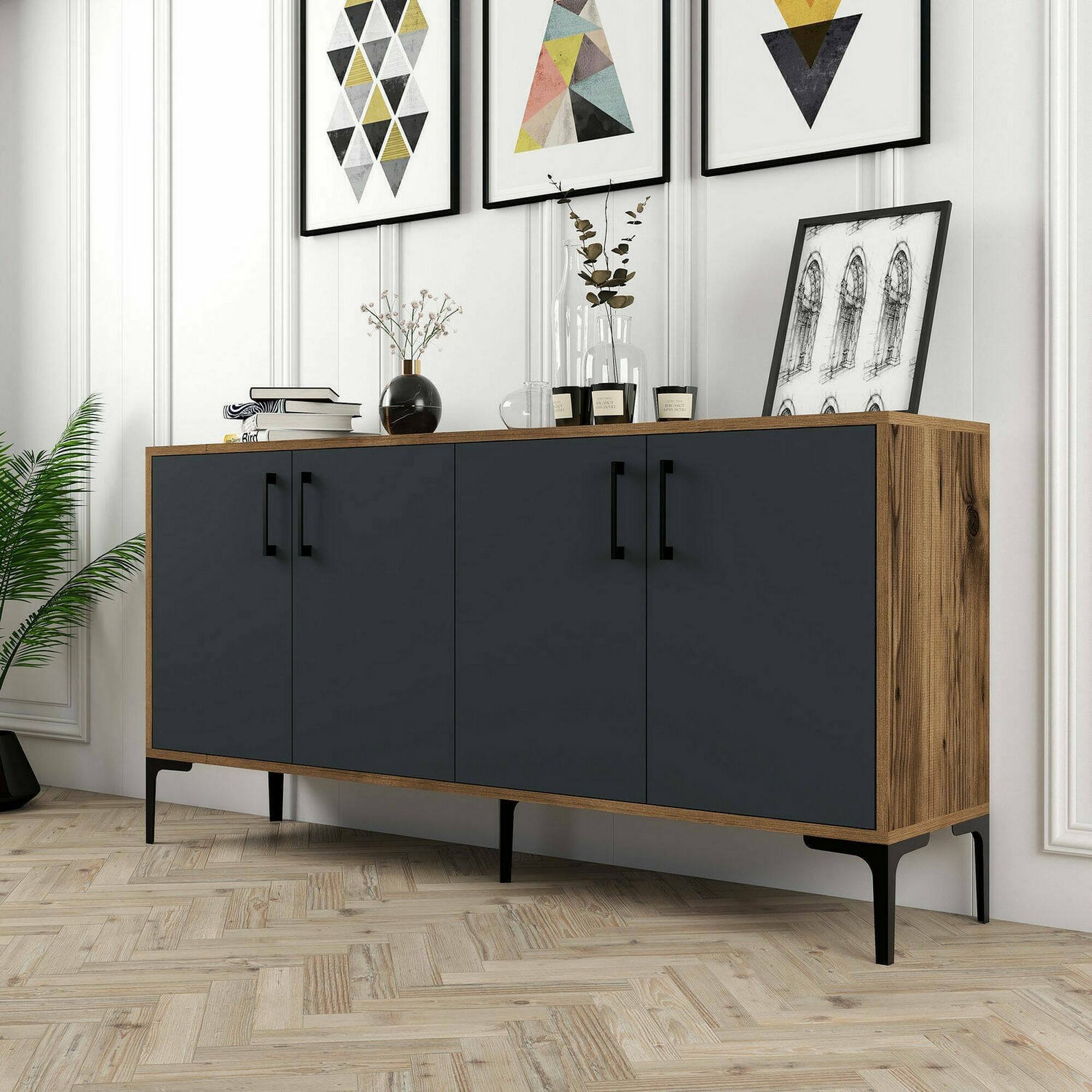 foto del prodotto credenza soraya, buffet da soggiorno, madia da salotto, dispensa da cucina, 160x35h78 cm, noce e antracite