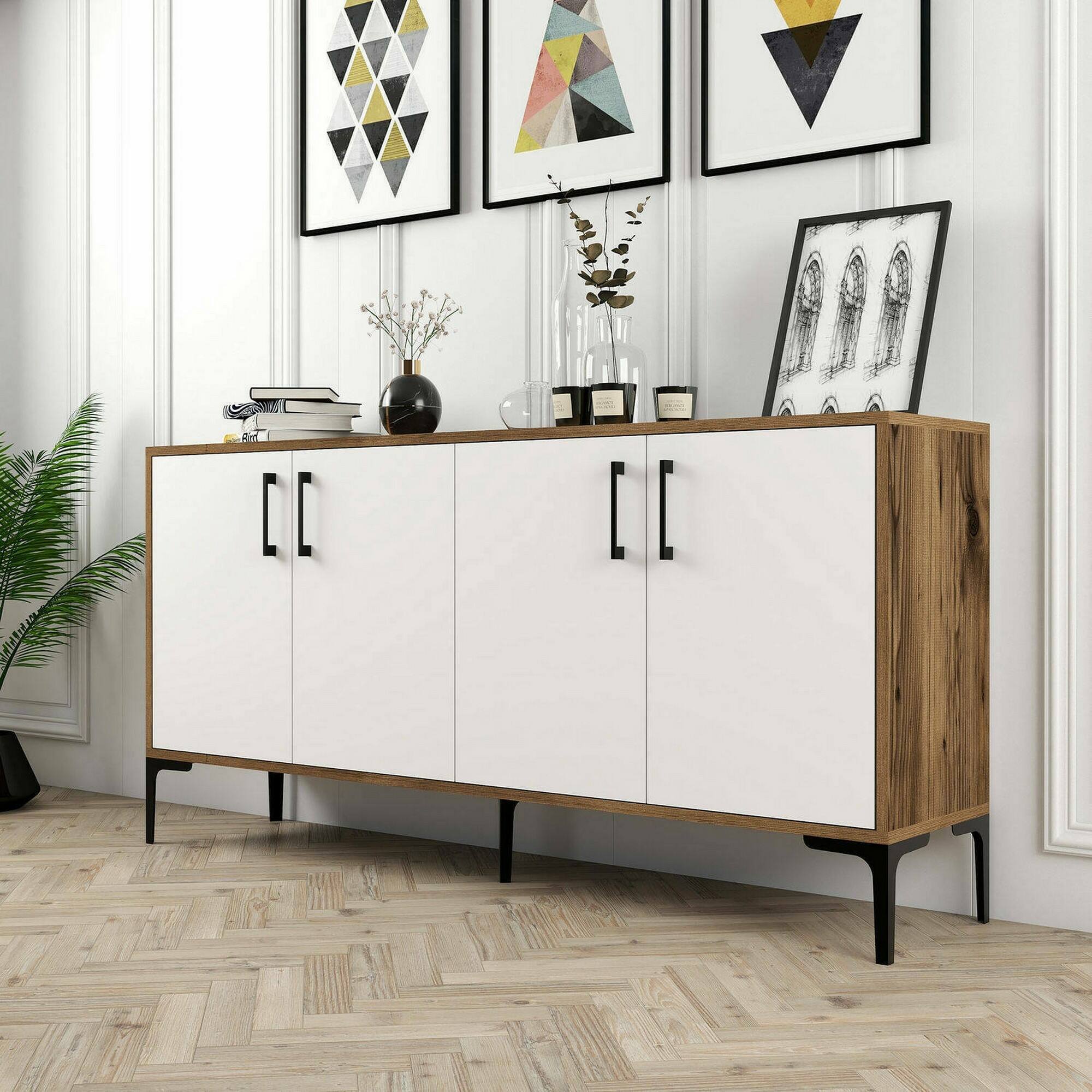 foto del prodotto credenza soraya, buffet da soggiorno, madia da salotto, dispensa da cucina, 160x35h78 cm, noce e bianco