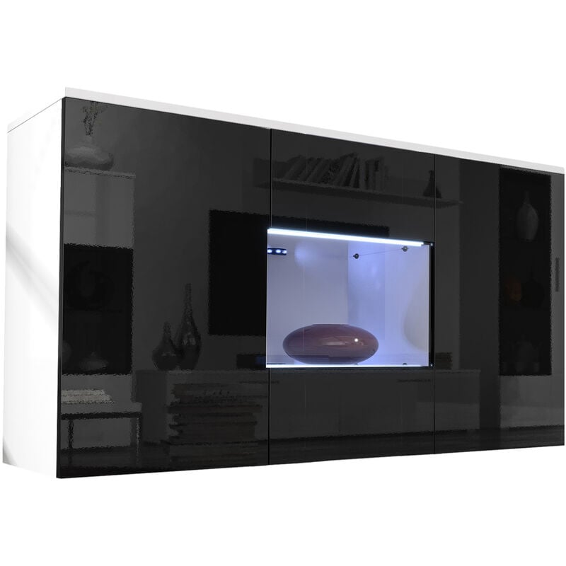 foto del prodotto credenza sospesa 2 ante con led madia moderna mobile sala da pranzo 120x70x40cm modello nora a2 bianco e nero finitura lucida