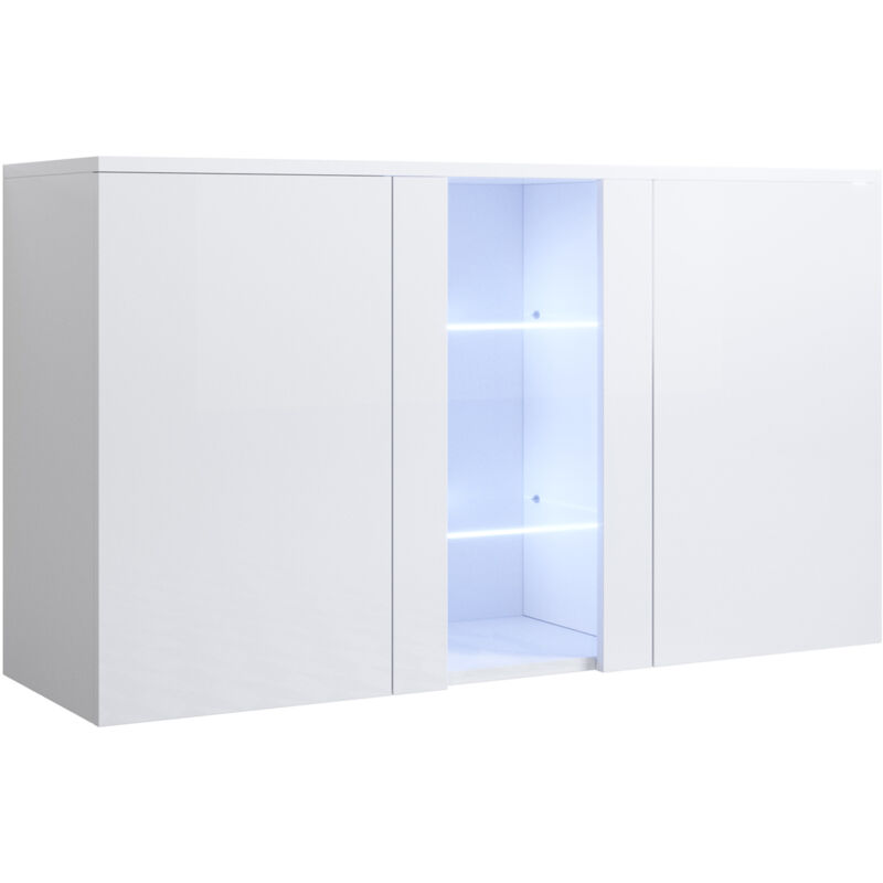 foto del prodotto credenza sospesa 2 ante luce led madia moderna mobile sala da pranzo 120x70x40cm modello luke a1 bianco finitura lucida