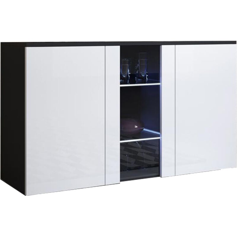foto del prodotto credenza sospesa 2 ante luce led madia moderna mobile sala da pranzo 120x70x40cm modello luke a1 nero e bianco finitura lucida