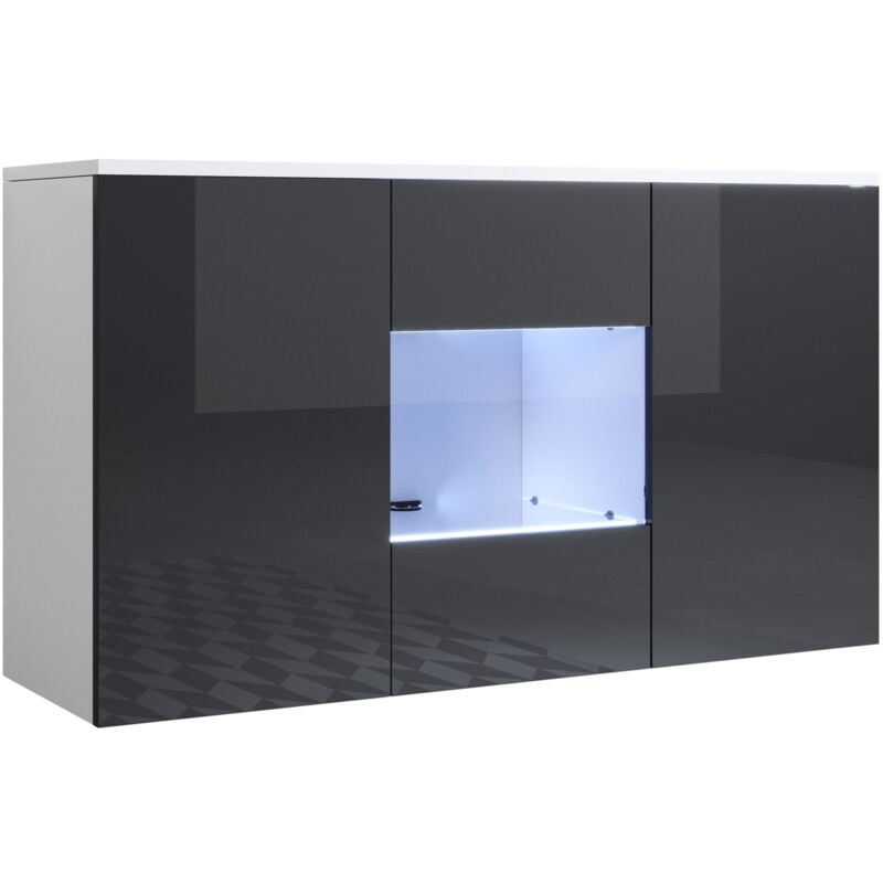 foto del prodotto credenza sospesa 2 ante luce led madia moderna mobile sala da pranzo 120x70x40cm modello luke a2 bianco e nero finitura lucida