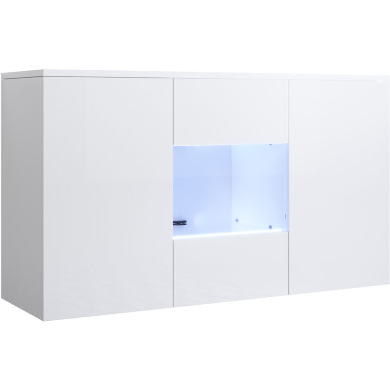 foto del prodotto credenza sospesa 2 ante luce led madia moderna mobile sala da pranzo 120x70x40cm modello luke a2 bianco finitura lucida