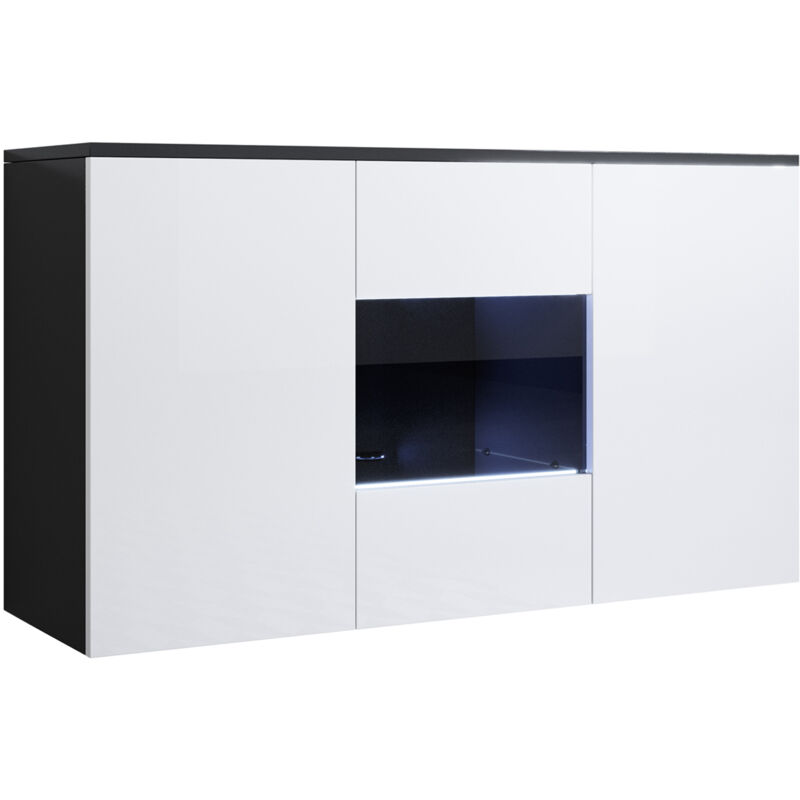 foto del prodotto credenza sospesa 2 ante luce led madia moderna mobile sala da pranzo 120x70x40cm modello luke a2 nero e bianco finitura lucida
