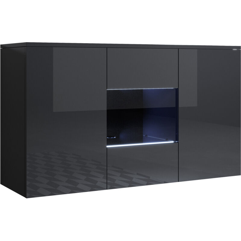 foto del prodotto credenza sospesa 2 ante luce led madia moderna mobile sala da pranzo 120x70x40cm modello luke a2 nero finitura lucida