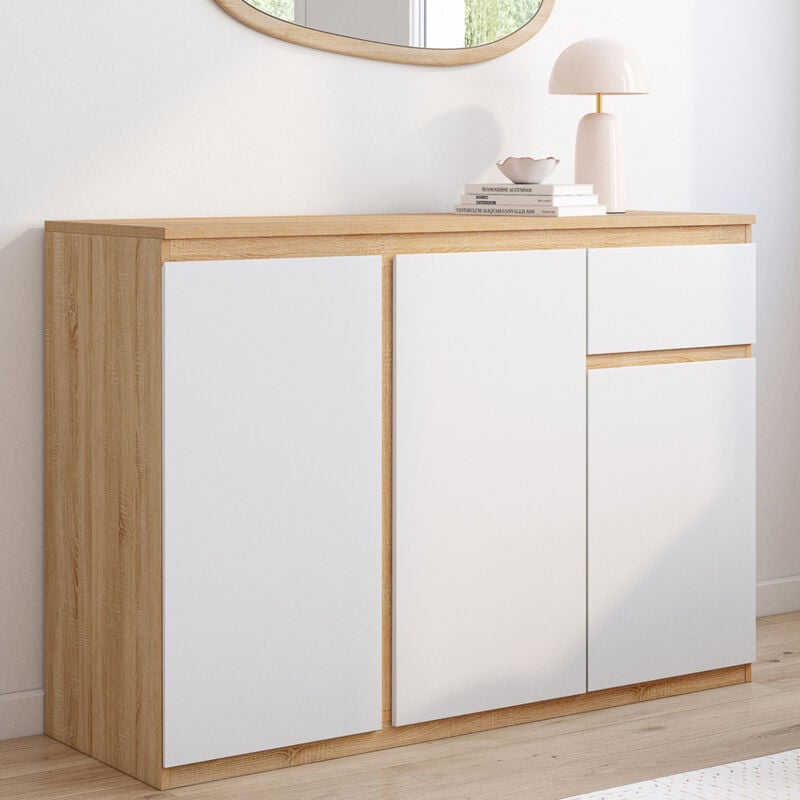 foto del prodotto credenza tomi 100 cm con 3 ante e 1 cassetto, bianco e legno