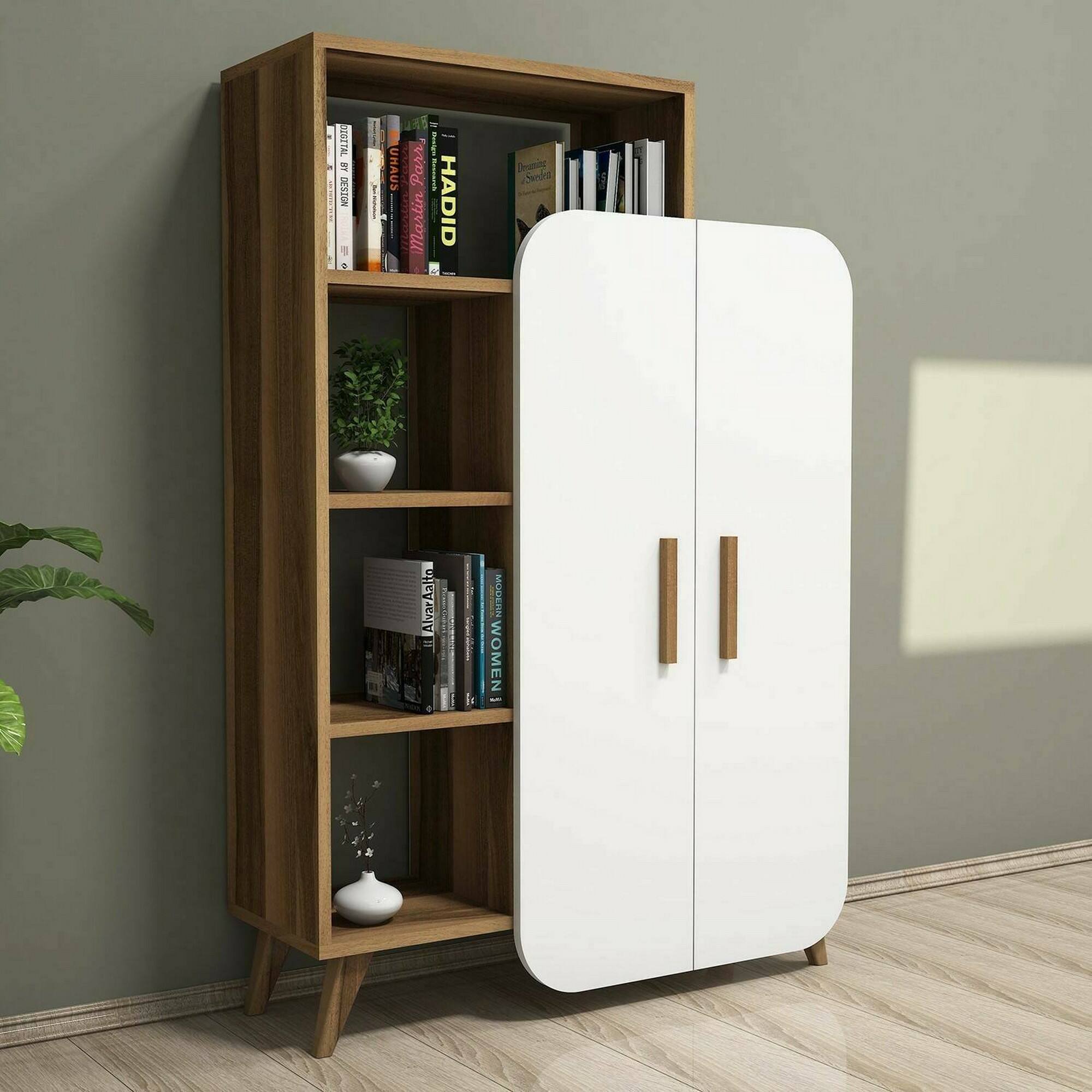 foto del prodotto credenza tormalina, buffet da soggiorno, madia da salotto, dispensa da cucina, 90x32h132 cm, noce e bianco