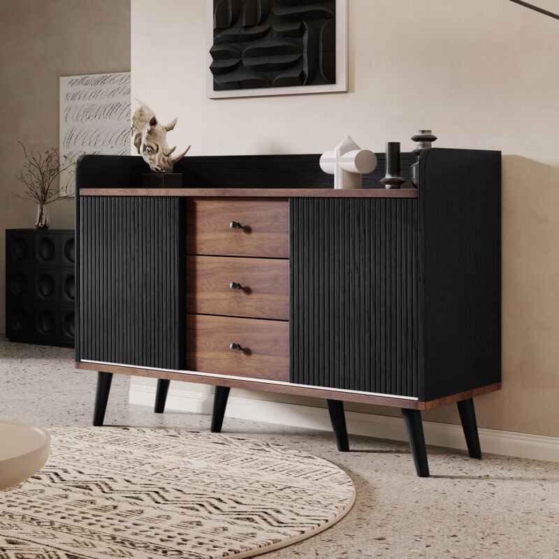 foto del prodotto credenza vintage con 3 cassetti, anta scorrevole, venature raffinate, ripiani portaoggetti, credenza per camera da letto e soggiorno, 117,5 l x 40 p