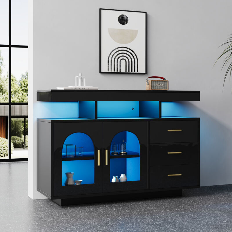 foto del prodotto credenze, buffet e madie 120x40x80cm con 3 cassetti 2 ante, cassettiera, mobile cucina, led, pannello di particelle, nero