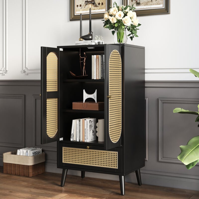 foto del prodotto credenze, buffet e madie 60x40x110,5cm con 1 cassetto 2 ante, cassettiera, libreria, compatta, design rattan, pannello di particelle, nero