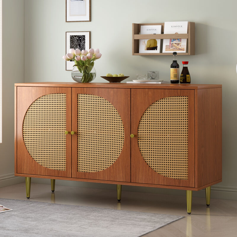 foto del prodotto credenze buffet madie 129,8x40x70 cm con 3 ante, design rattan, mobile alto, multiuso, maniglie in metallo, pannello truciolare, noce