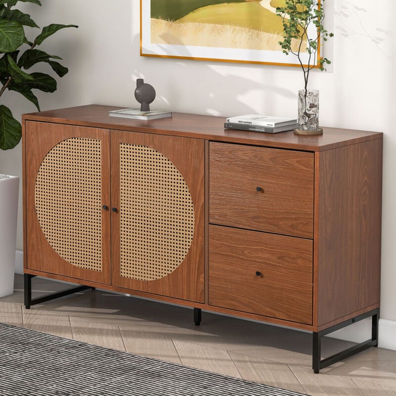 foto del prodotto credenze buffet madie 130x40x75cm con 2 ante e 2 cassetti, decorazione rattan, multiuso, pannello truciolare, noce
