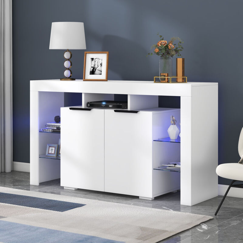 foto del prodotto credenze buffet madie 140x40x80cm con 2 ante e 4 ripiani in vetro, led, mobile, consolle, pannello truciolare, bianco