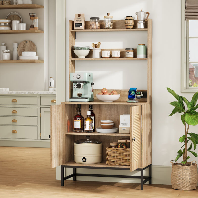 foto del prodotto credenze buffet madie 80x40x160.5cm with 2 doors, open shelves, kitchen cabinet, mdf, natural color
