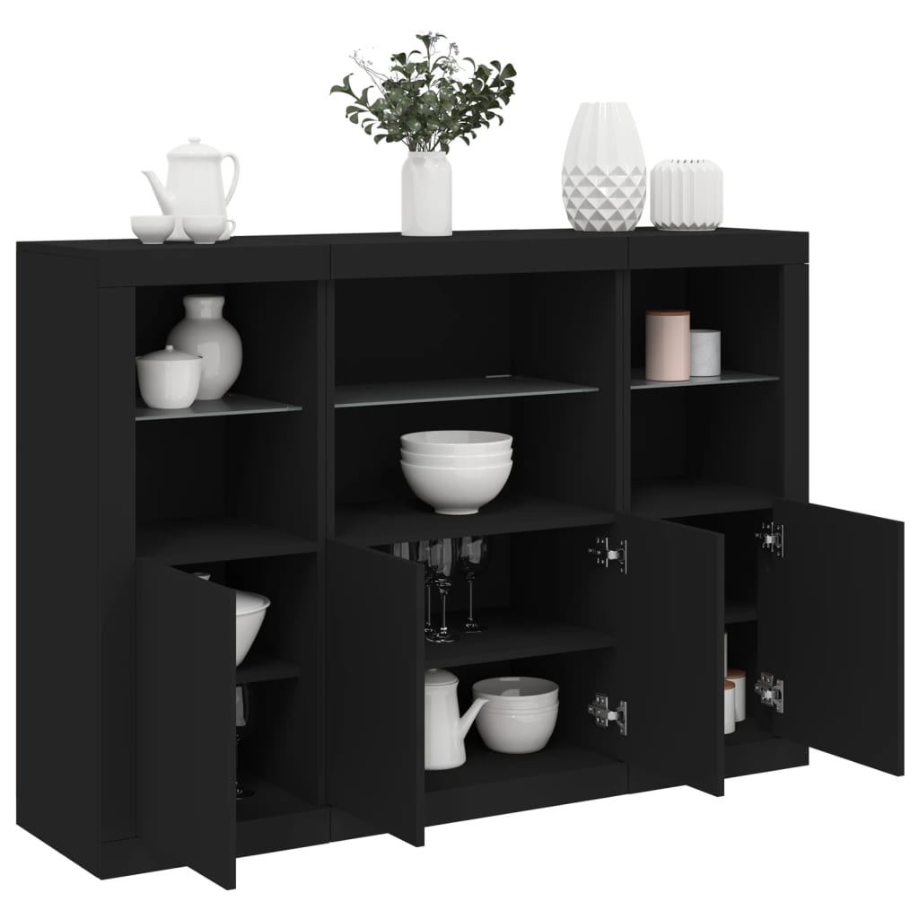 foto del prodotto credenze con luci led 3 pz nere in legno multistratocod mxl 85822