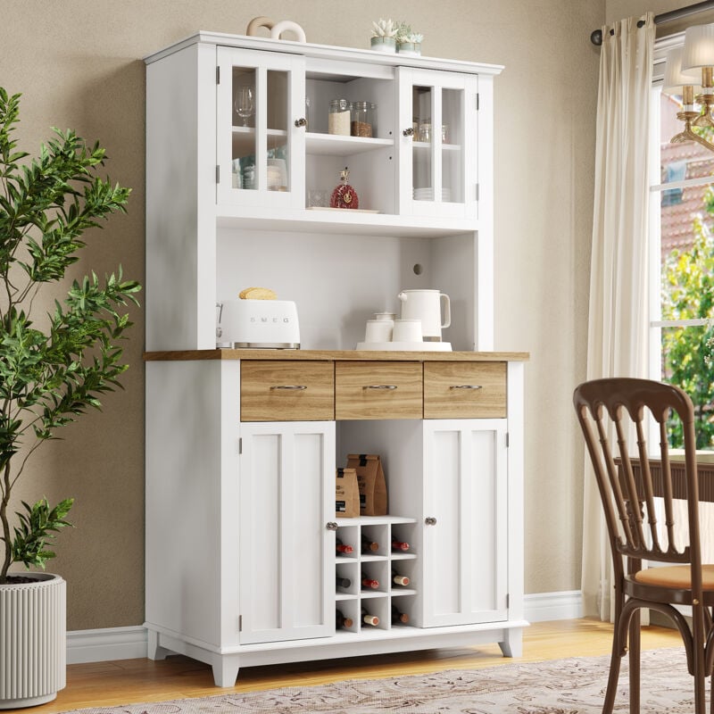 foto del prodotto credenze e buffet 106x40x179,5cm alta, cassettiera con 3 cassetti 4 ante, portabottiglie, led, ripiani regolabili, mdf, bianco naturale