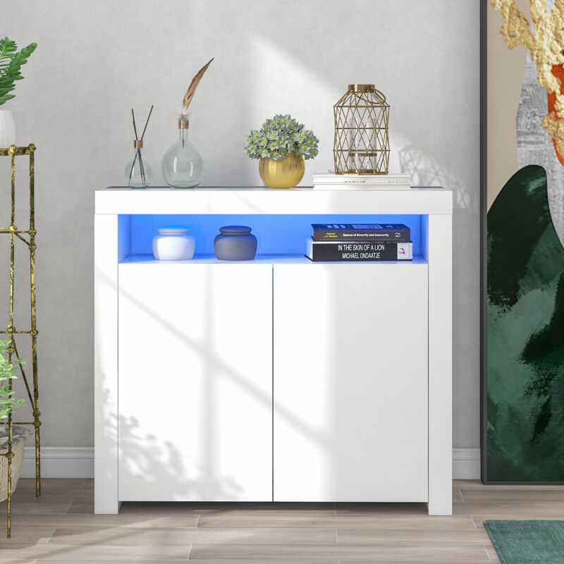 foto del prodotto credenze e buffet 108x40x92cm comodino, 2 ante, mobile cucina, mobile tv, led, pannello truciolare, bianco - modfu