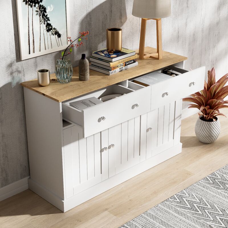foto del prodotto credenze e buffet 120x36x80,5cm, mobile contenitore, 2 cassetti, 3 ante, soggiorno sala da pranzo cucina camera da letto, bianco