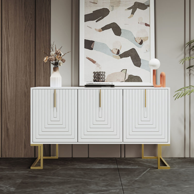 foto del prodotto credenze e buffet a 3 ante, ripiani regolabili, maniglie e base in metallo, mobile contenitore, soggiorno, 138x40x80,5cm, bianco