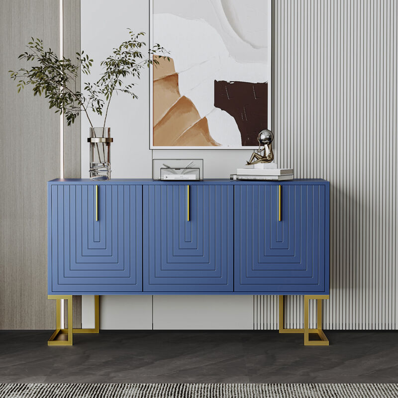 foto del prodotto credenze e buffet a 3 ante, ripiani regolabili, maniglie e base in metallo, mobile contenitore, soggiorno, 138x40x80,5cm, blu