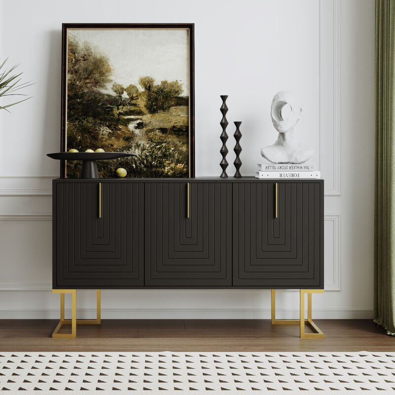 foto del prodotto credenze e buffet a 3 ante, ripiani regolabili, maniglie e base in metallo, mobile contenitore, soggiorno, 138x40x80,5cm, nero