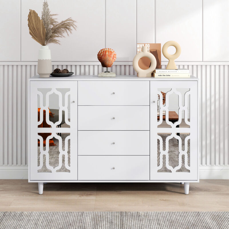 foto del prodotto credenze e buffet bianca a specchio 147,5x40x102 cm con 2 ante, 4 cassetti e maniglie in cristallo freddo in mdf, bianco