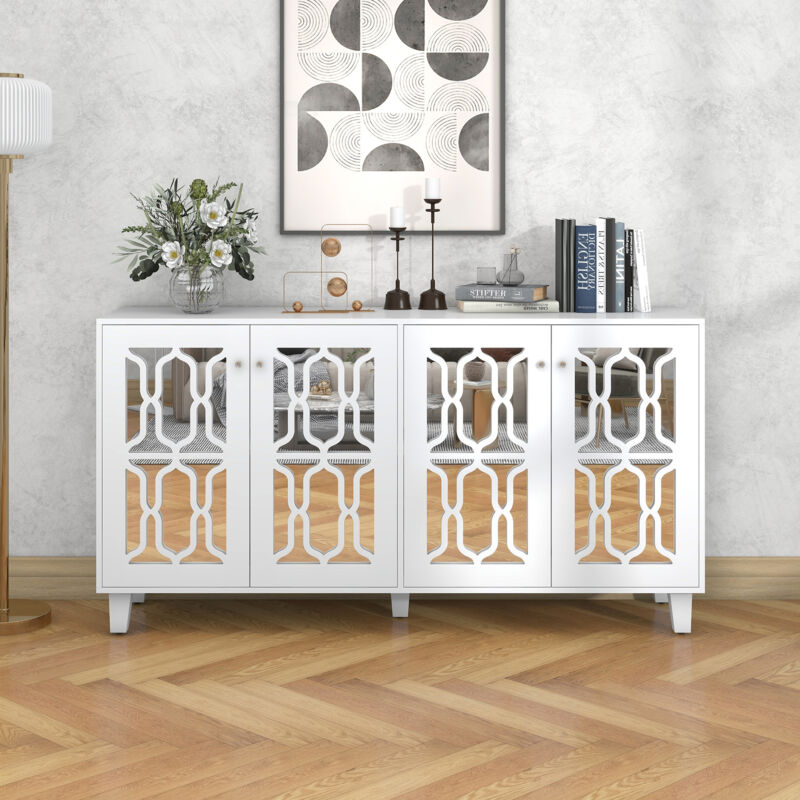 foto del prodotto credenze e buffet bianca a specchio 160x40x84 cm con 4 ante, 2 ripiani e maniglie in cristallo freddo in mdf , bianco