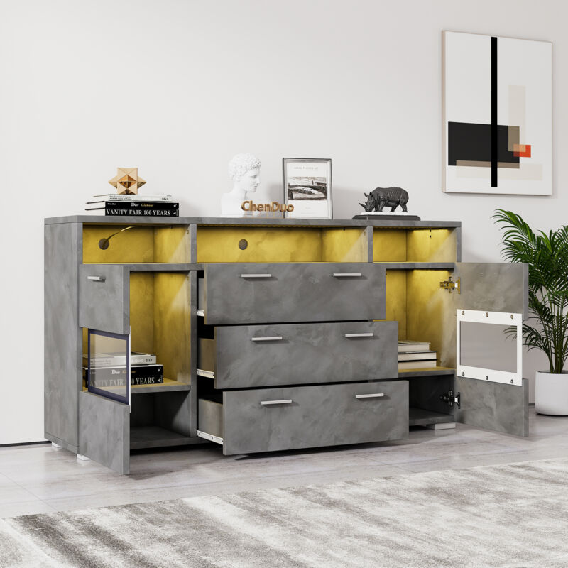 foto del prodotto credenze e buffet con illuminazione led, cassettiera 140x35x72,5 cm, 2 ante, 3 cassetti, vano portaoggetti aperto, grigio