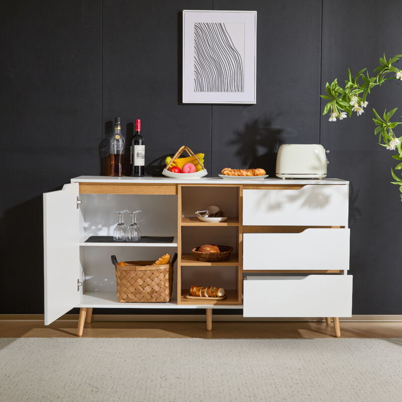 foto del prodotto credenze e buffet con ripiani regolabili, 3 cassetti, ripiano aperto, moderno 140x40x80,5cm, cucina, sala da pranzo, bianco