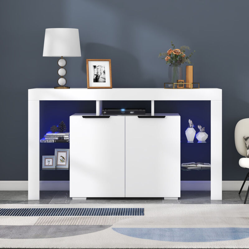 foto del prodotto credenze e buffet led lucida 140x40x80cm, mobile vetrina, con 4 ripiani in vetro e 2 ante, soggiorno, bianco