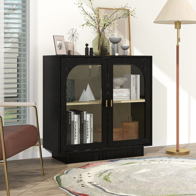 foto del prodotto credenze e buffet lunghezza 80 cm, vetrina a due ante con elementi ad arco, adatta per camera da letto studio soggiorno, nero