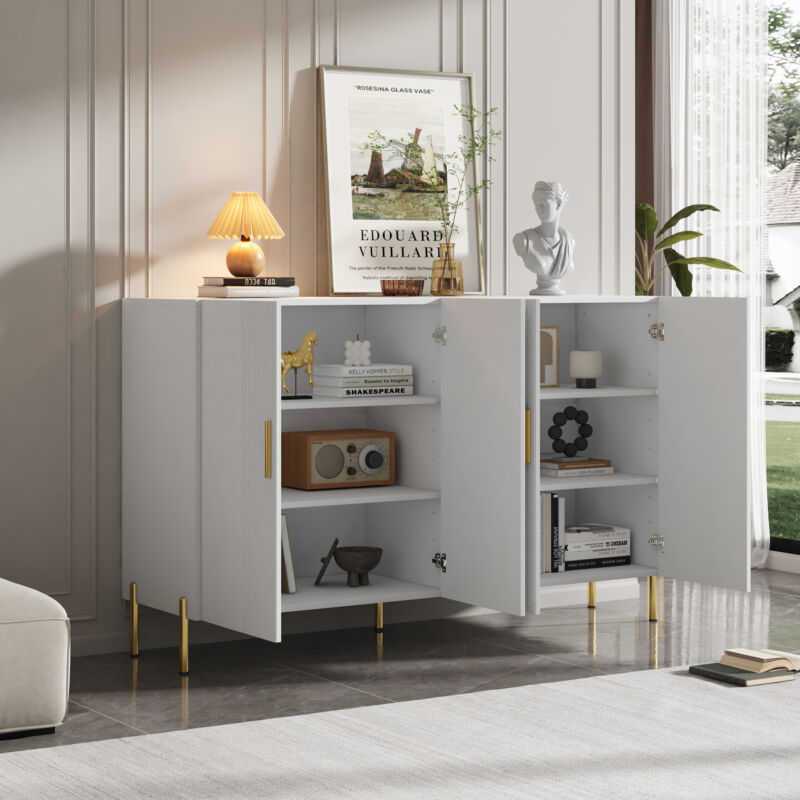 foto del prodotto credenze e buffet, mobile contenitore, decorazione oro, mobile contenitore multifunzionale bianco satinato, 4 ante, 160x35x100cm