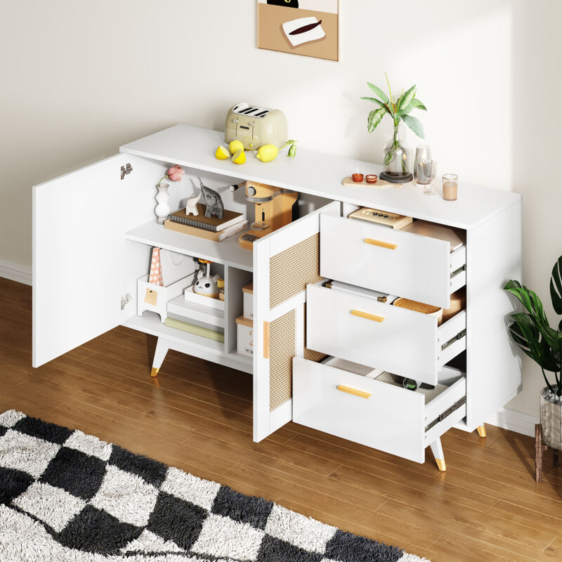 foto del prodotto credenze e buffet, mobile contenitore, decorazione oro, mobiletto in rattan bianco, 2 ante e 3 cassetti, 160x40x87cm