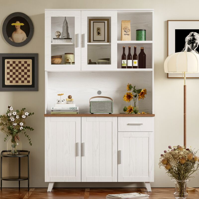 foto del prodotto credenze e buffet, vetrina, mobile alto per soggiorno cucina 114 x 40 x 190 cm, pi vani portaoggetti, venature del legno bianco