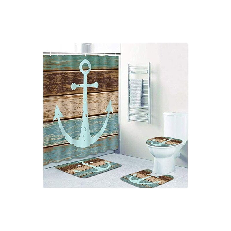 foto del prodotto crediri 4 pezzi tenda doccia set nave spiaggia ancora, assi di legno per bagno con tappeto antiscivolo, copriwater, tappetino da bagno e 12 ganci, 72