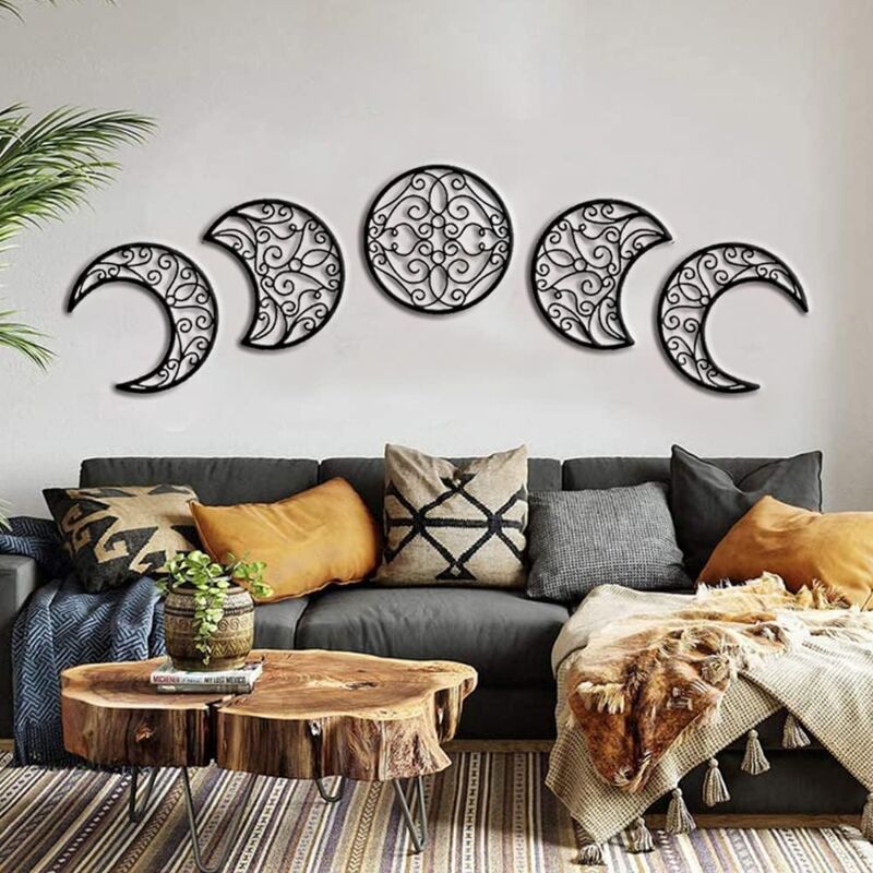 foto del prodotto crediri decorazione da parete a forma di luna, decorazione da parete sospesa 5 pezzi , design naturale in legno in stile nordico, decorazione da