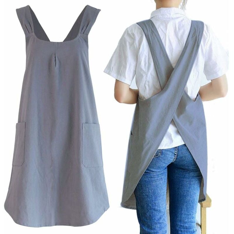 foto del prodotto crediri grembiule da giardino giapponese in lino da donna con graziose tasche per cucinare, dipingere, giardinaggio, pulire, grigio grigio scuro