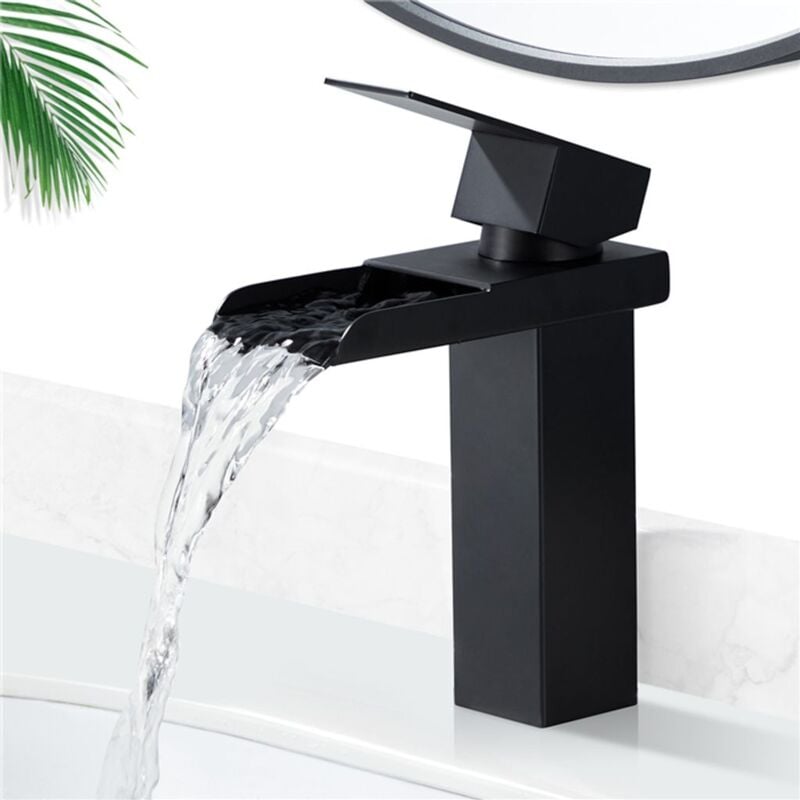 foto del prodotto crediri homelody rubinetto per bagno a cascata miscelatore per lavabo nero opaco design a cascata concavo miscelatore per lavabo in acciaio