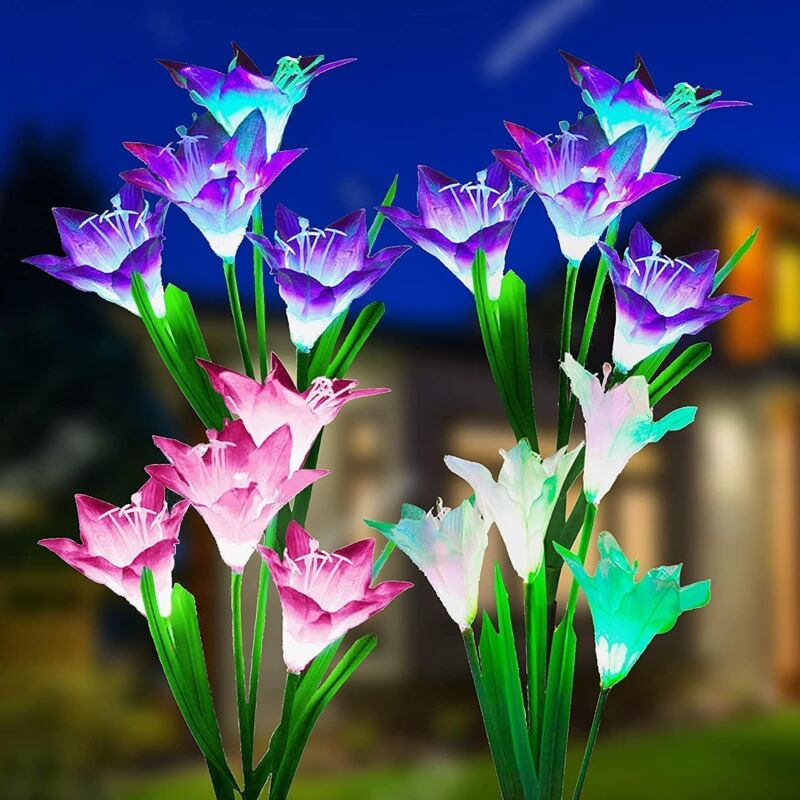 foto del prodotto crediri luci solari per esterni, cambio colore con 16 grandi fiori di giglio solare, luci solari impermeabili ip65, confezione da 4
