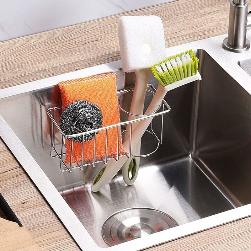 foto del prodotto crediri organizer per lavello per cucina, portautensili da cucina, porta spugna, senza foratura, per cucina e bagno, in acciaio inossidabile