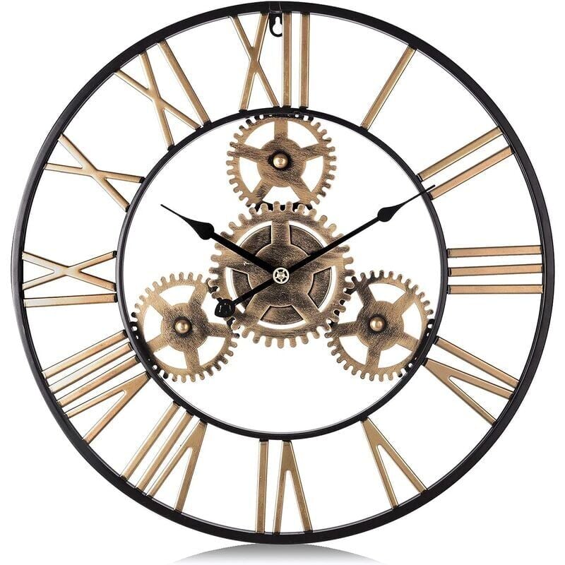 foto del prodotto crediri orologio da parete gigante con ingranaggi dorati orologio da parete al quarzo in metallo industriale da 50 cm con numeri romani silenzioso