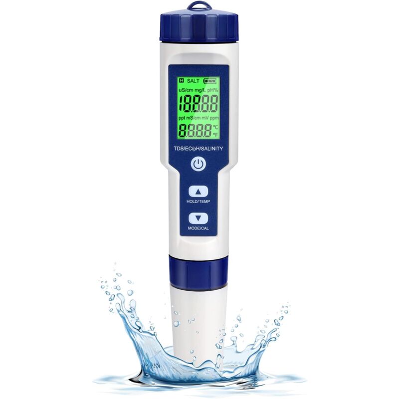 foto del prodotto crediri tester elettronico del ph, tester dell acqua della piscina 5 in 1 con retroilluminazione, ph tds ec salinit temperatura con atc, misuratore