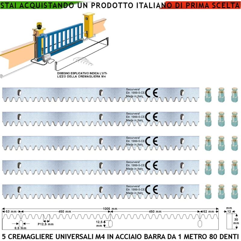 foto del prodotto cremagliera in acciaio zincato m4 universale cinque moduli da 1 metro con 80 denti 12x30 mm portata 22 q.li max 30 q.li fissaggio tre bulloni per