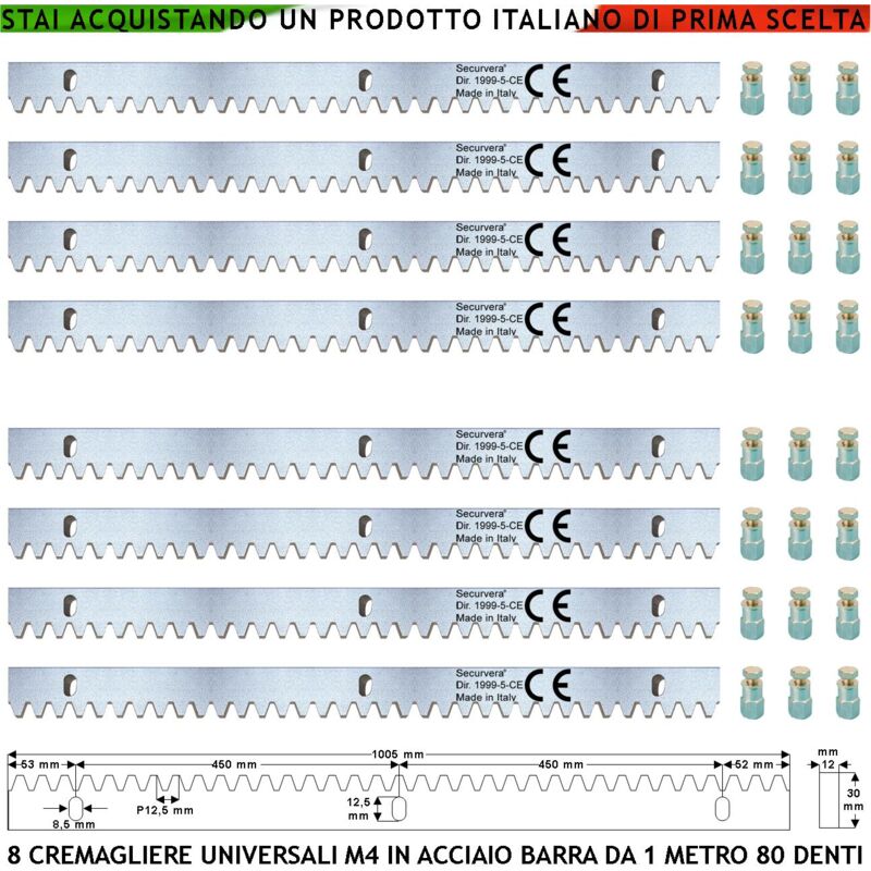 foto del prodotto cremagliera in acciaio zincato m4 universale otto moduli da 1 metro con 80 denti 12x30 mm portata 22 q.li max 30 q.li fissaggio tre bulloni per metro