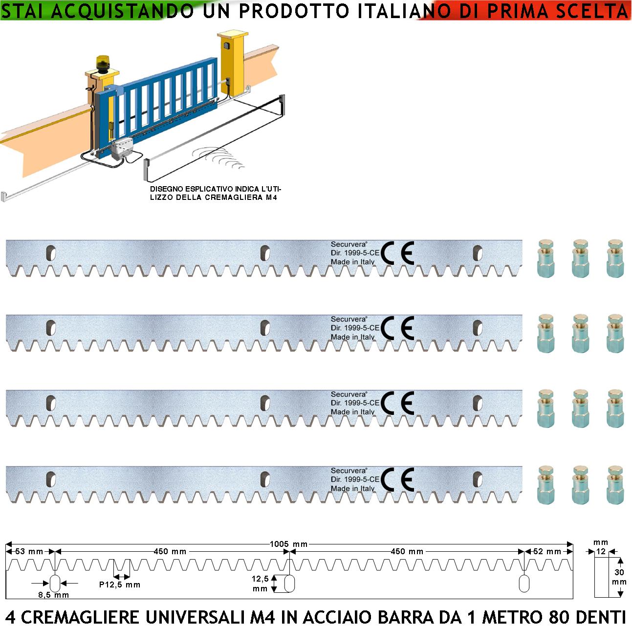 foto del prodotto cremagliera in acciaio zincato m4 universale quattro moduli da 1 metro con 80 denti 12x30 mm portata 22 q.li max 30 q.li fissaggio 3 bulloni per metro per cancello scorrevole giunture a contatto