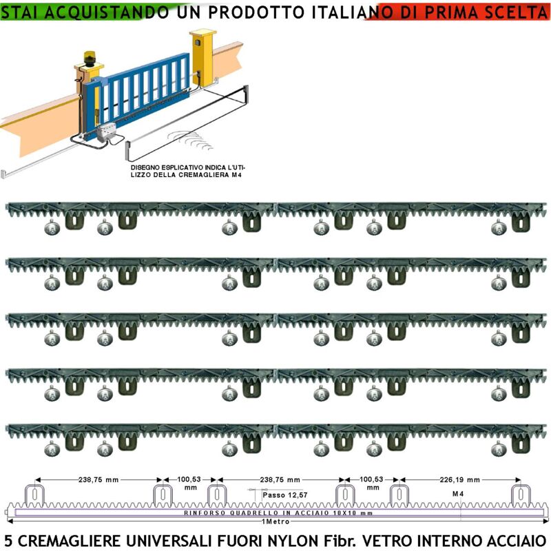 foto del prodotto cremagliera universale m4 antirumore cinque pezzi da 1 metro in nylon antiusura anima in acciaio portata 6 q.li max 10 q.li 6 bulloni per metro