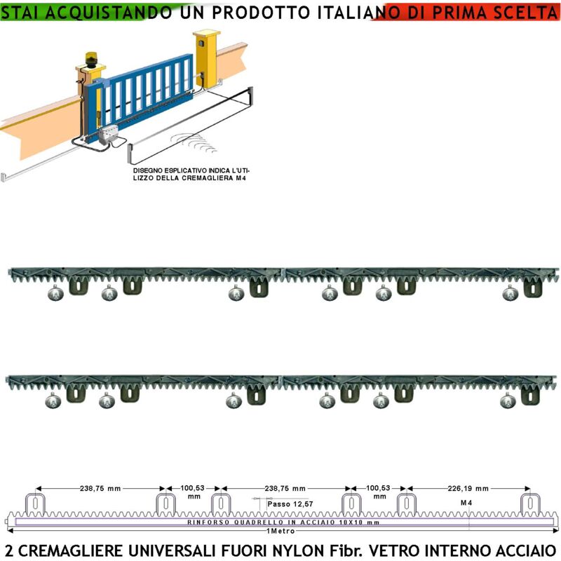 foto del prodotto cremagliera universale m4 antiusura 2 pezzi da 1 metro in nylon fibra vetro interno acciaio portata 6 q.li max 10 q.li 6 viti autofilettanti per