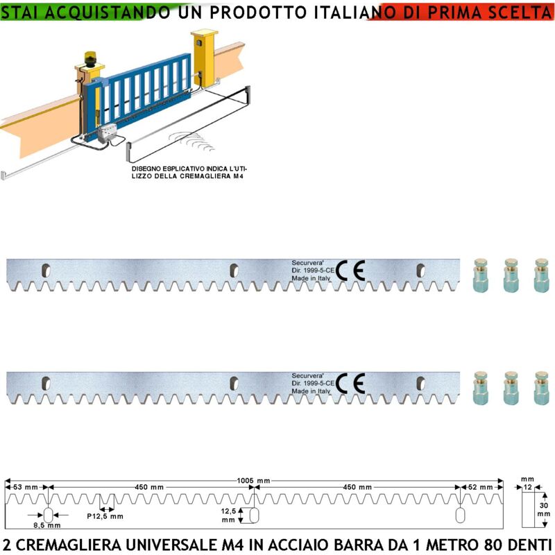foto del prodotto cremagliera universale m4 due moduli da 1 mt con 80 denti in acciaio zincato 12x30 mm portata garantita 22 q.li max 30 q.li fissaggio 3 bulloni x