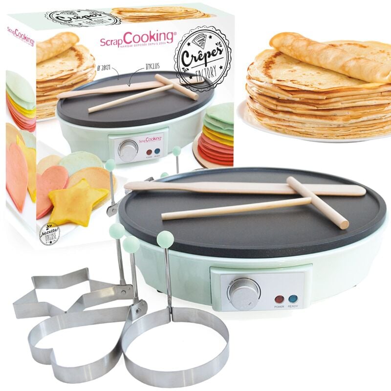 foto del prodotto crepes factory, macchina elettrica, con piastra riscaldante antiadesivo, rastrello, spatola 3 stampi arte, verde acqua 3899 scrapcooking