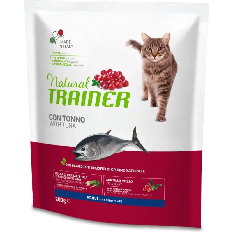 foto del prodotto crocchette gatto tonno 300 gr 1.5 kg natural trainer size 3 kg